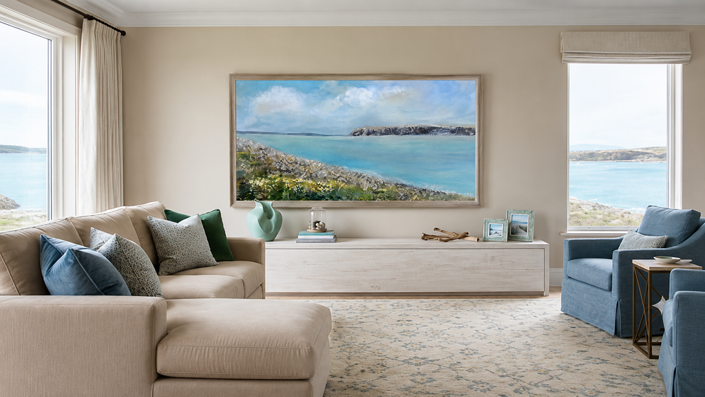 Flaggy Shore, Mermaid Bay hanging in a bright interior, showing the scale of the painting.