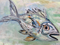 Out of His Depth by Anna de Marigny, palette knife painting of a wide-eyed silver fish on a sea green ground