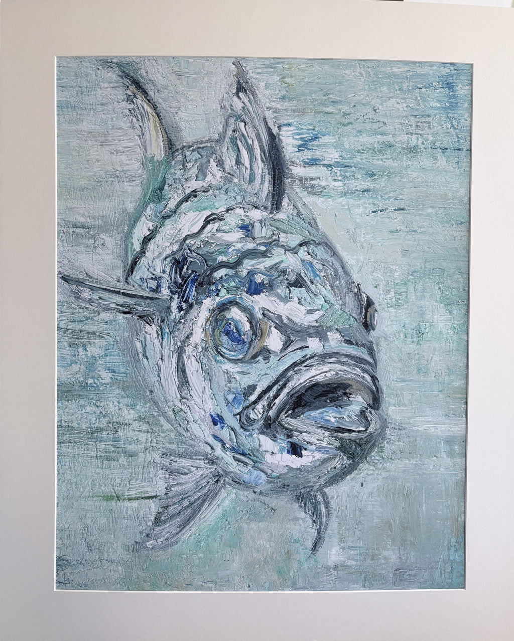 Out of the Blue by Anna de Marigny, an expressive fish portrait in blues, greys and whites, painted in thick impasto oil.