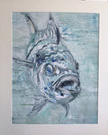 Out of the Blue by Anna de Marigny, an expressive fish portrait in blues, greys and whites, painted in thick impasto oil.