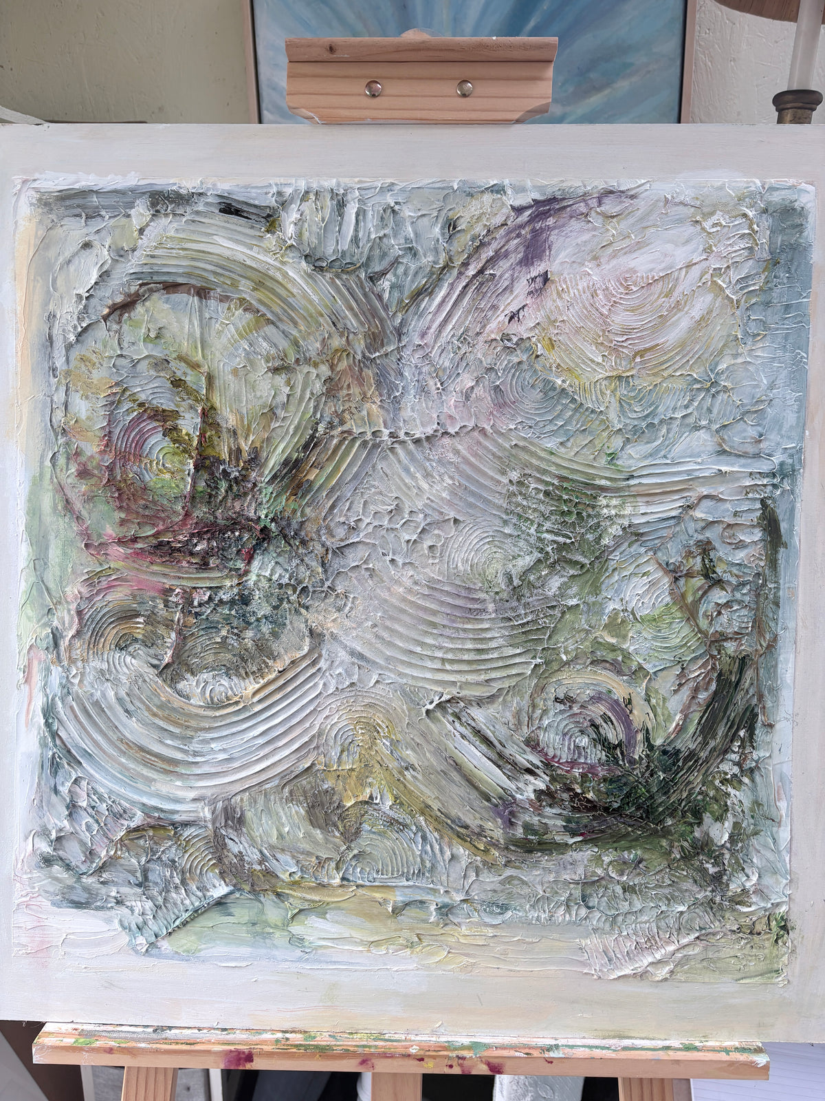 Low Tide by Anna de Marigny, a second view of the textured painting on wood panel