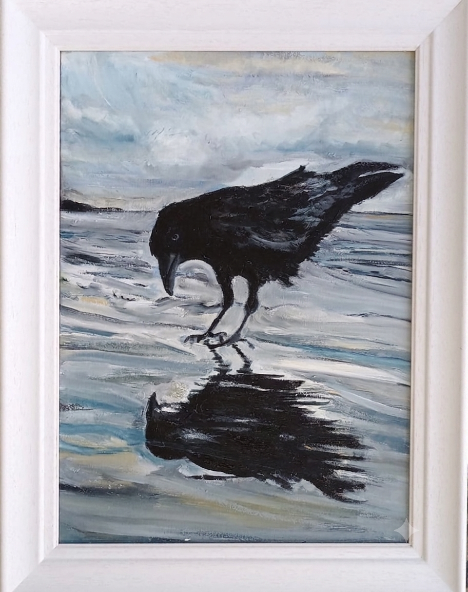 Reflections — crow studying himself in wet sand, oil on canvas, framed