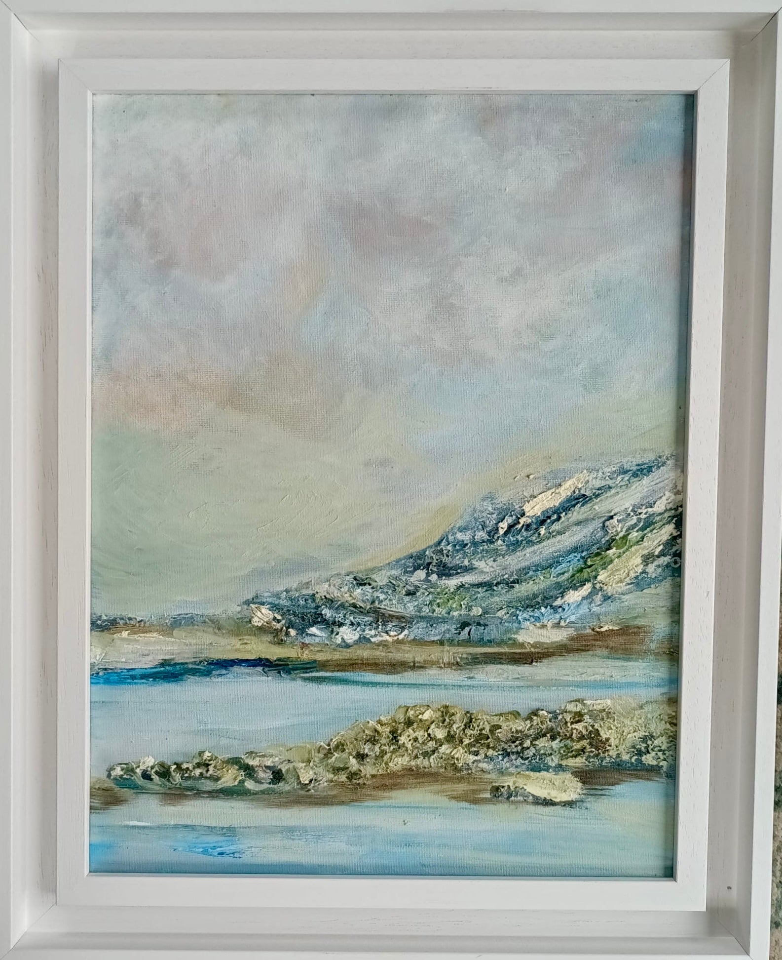 Turlough — framed original oil and cold wax painting of the Burren, County Clare, by Anna de Marigny, 30 x 40 cm in white wood frame