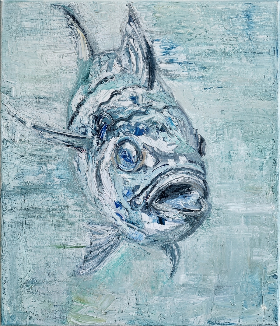 Out of the Blue fine art print — expressive fish portrait in blues and greys
