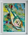 Atlantic Eye — framed original oil painting of an Atlantic fish from the Shorelines series by Anna de Marigny, 30 x 40 cm in white wood frame