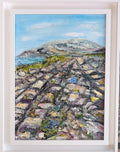 Gentian Summer — oil and cold wax painting in white frame