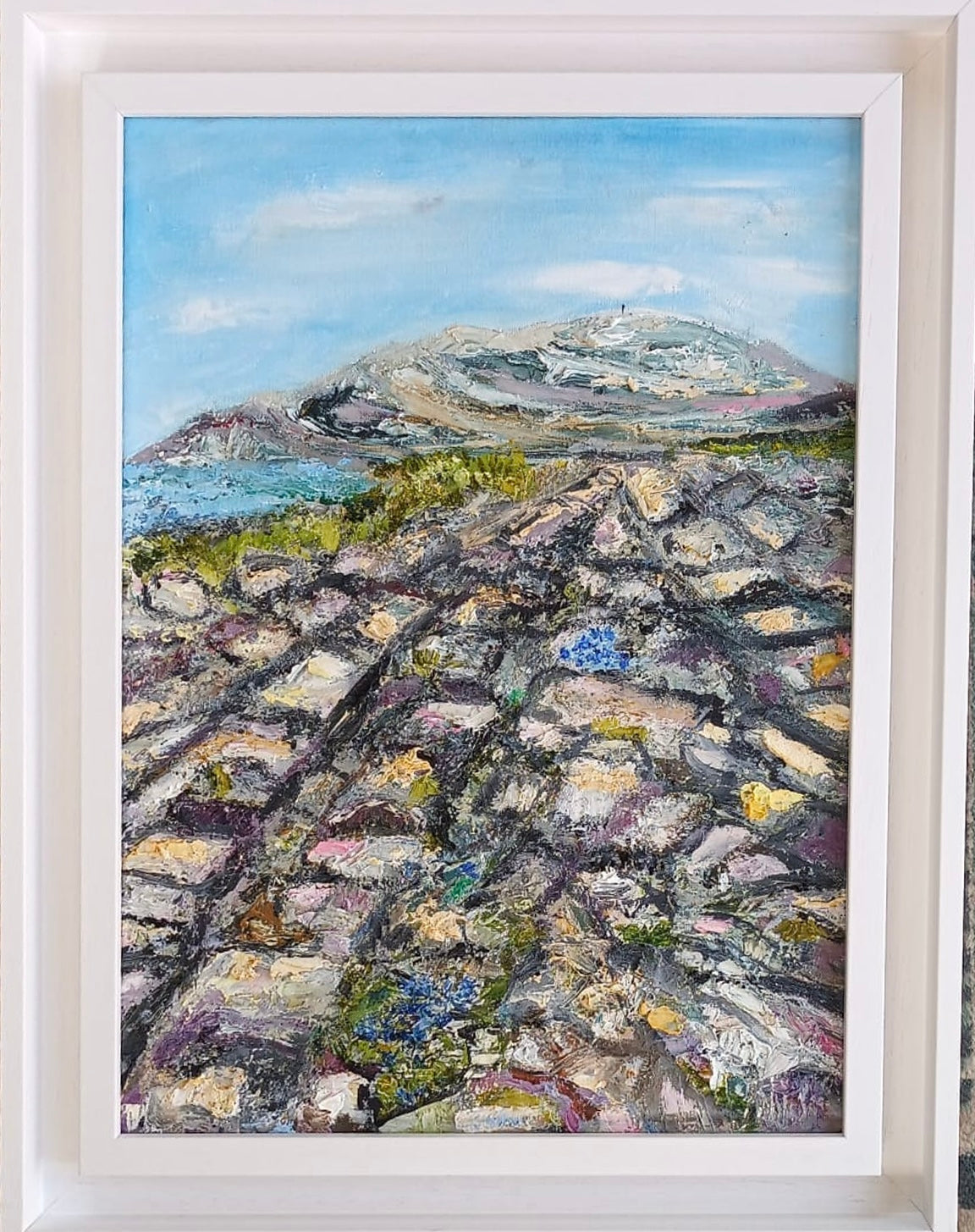 Gentian Summer — oil and cold wax painting in white frame