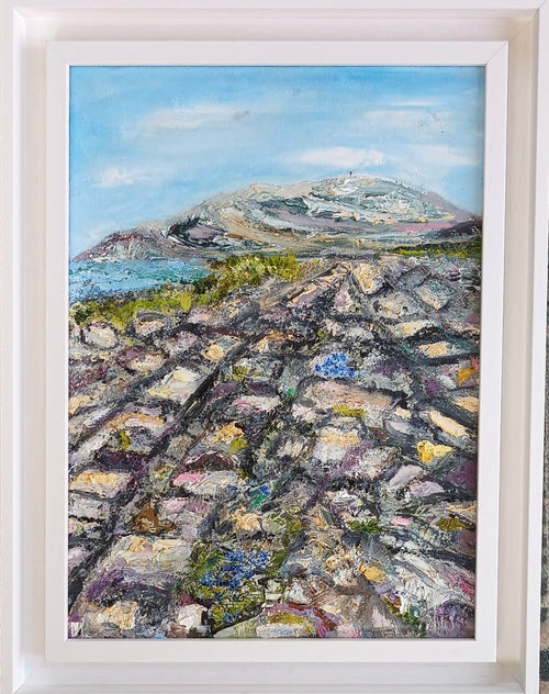 Gentian Summer — oil and cold wax painting in white frame