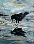 Reflections fine art print — a crow studying himself in wet sand