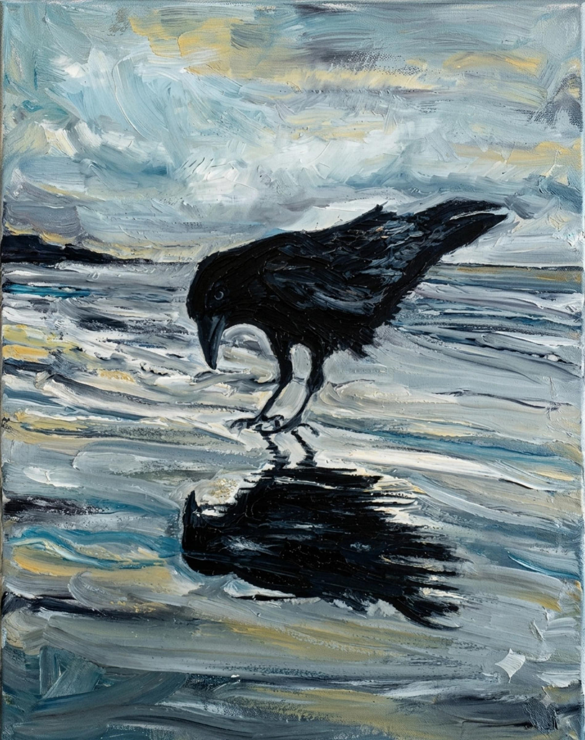 Reflections fine art print — a crow studying himself in wet sand