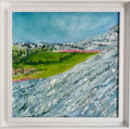 Summer Rockscape — framed original oil and cold wax painting of Burren limestone with summer flowers by Anna de Marigny, 40 x 40 cm in white wood frame