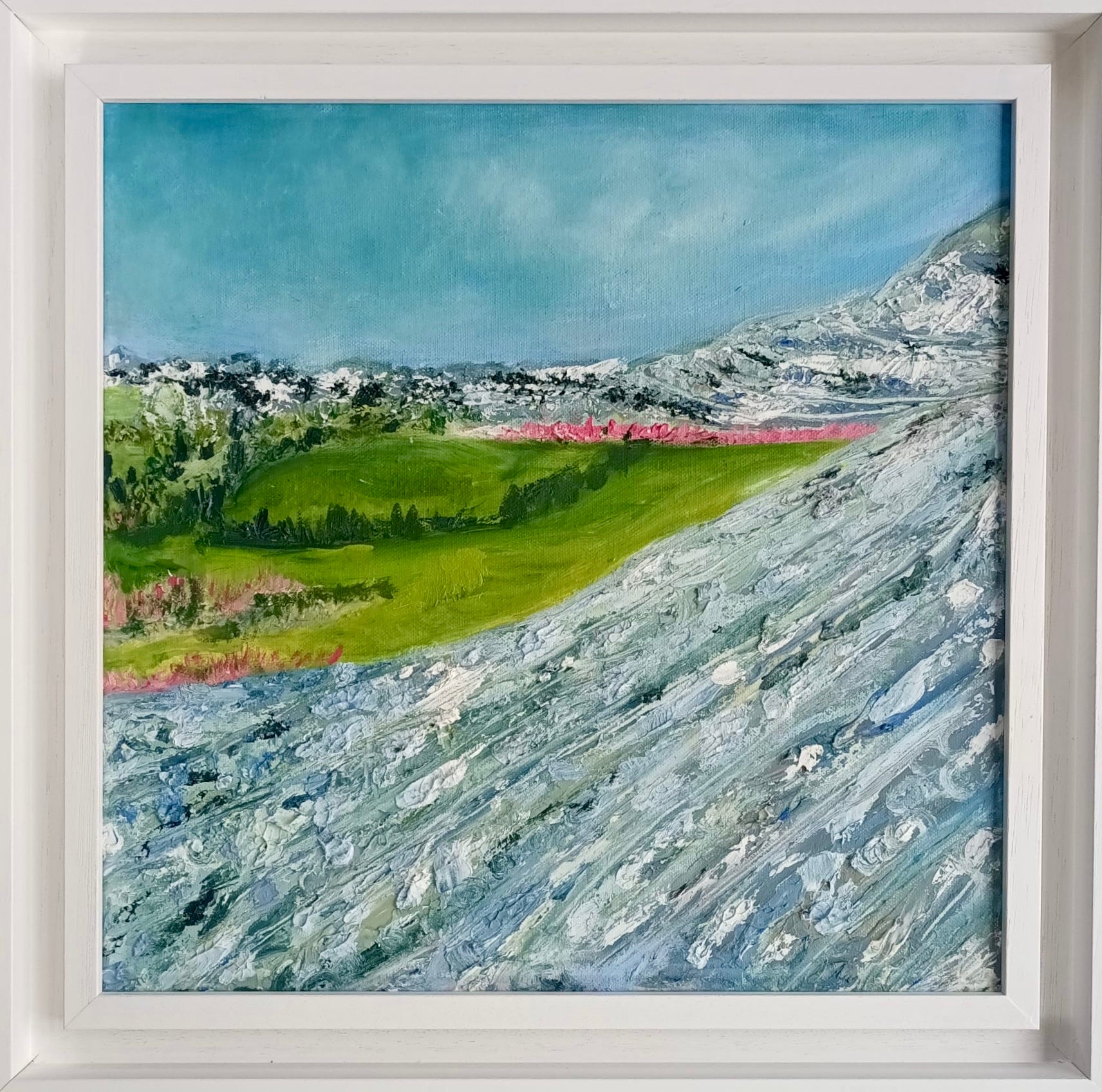Summer Rockscape — framed original oil and cold wax painting of Burren limestone with summer flowers by Anna de Marigny, 40 x 40 cm in white wood frame