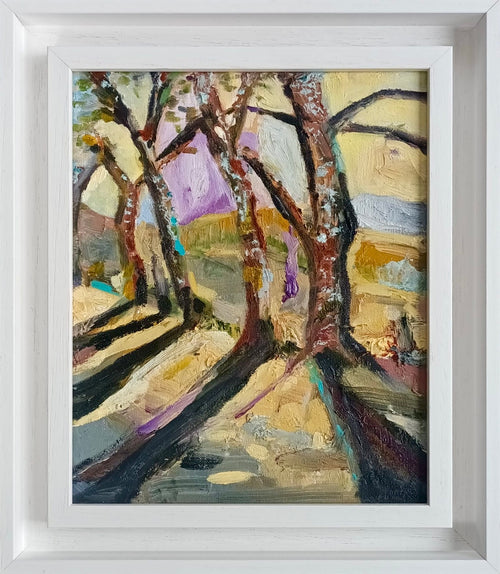 After the Harvest — framed original oil painting of woodland branches by Anna de Marigny, 24 x 30 cm in white wood frame