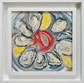 Oyster Feast — framed original oil painting of oysters and lemon from the Shorelines series by Anna de Marigny, 26 x 26 cm in white wood frame
